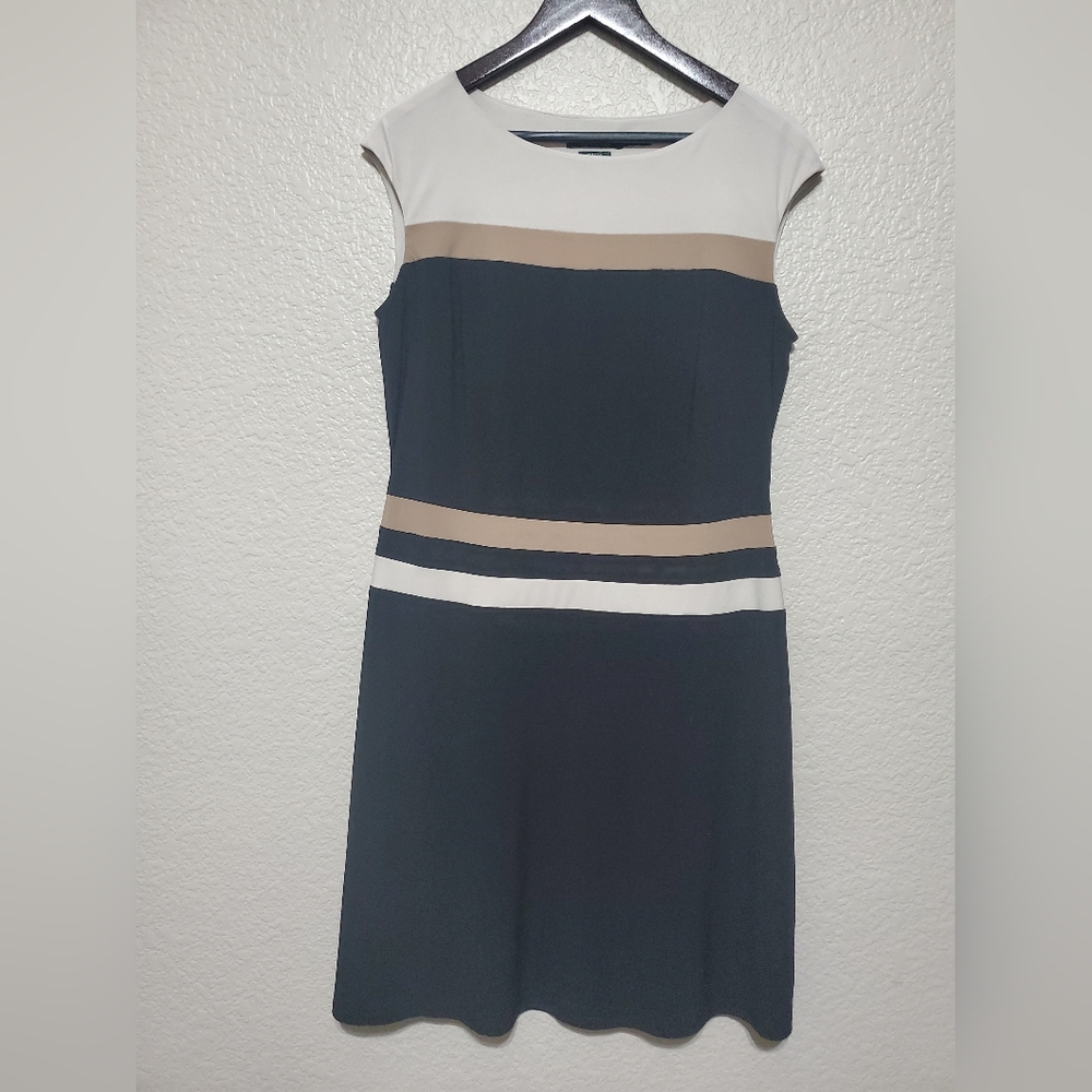 Lauren Ralph Lauren Black Sleeveless Midi Dress Tan White Stripes Women's 14